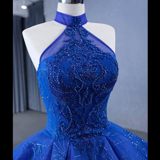 Royal Blue Beaded Lace Wedding Gown Halter Neck Quinceanera Dress