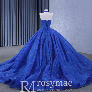 Royal Blue Beaded Lace Wedding Gown Halter Neck Quinceanera Dress