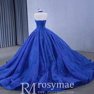 Vestido de novia de quinceañera con cuello halter y encaje con cuentas en color azul real