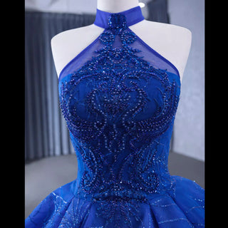 Royal Blue Beaded Lace Wedding Gown Halter Neck Quinceanera Dress