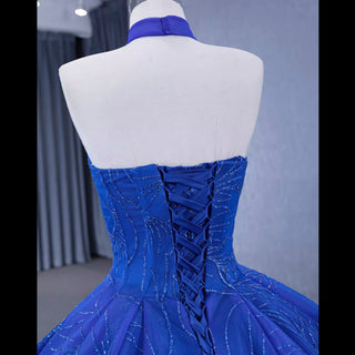 Royal Blue Beaded Lace Wedding Gown Halter Neck Quinceanera Dress