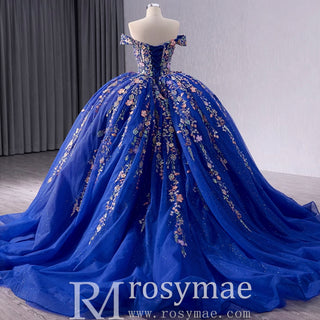 Royal Blue Color Lace Wedding Gown Off the Shoulder Quinceanera Dress