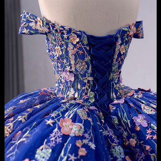 Royal Blue Color Lace Wedding Gown Off the Shoulder Quinceanera Dress