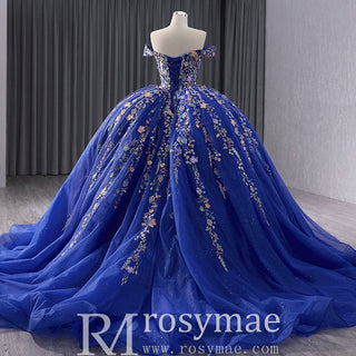 Royal Blue Color Lace Wedding Gown Off the Shoulder Quinceanera Dress