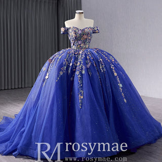 Royal Blue Color Lace Wedding Gown Off the Shoulder Quinceanera Dress