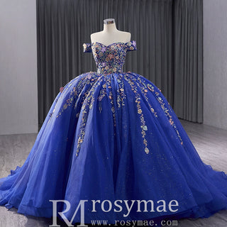 Royal Blue Color Lace Wedding Gown Off the Shoulder Quinceanera Dress