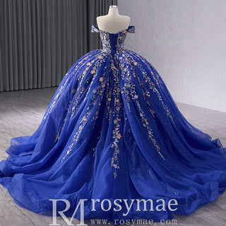 Royal Blue Color Lace Wedding Gown Off the Shoulder Quinceanera Dress