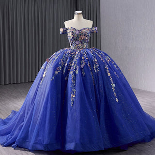 Royal Blue Color Lace Wedding Gown Off the Shoulder Quinceanera Dress