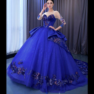 High-end Blue Ball Gown Ruffle Skirt Wedding Dress with Long Sleeve