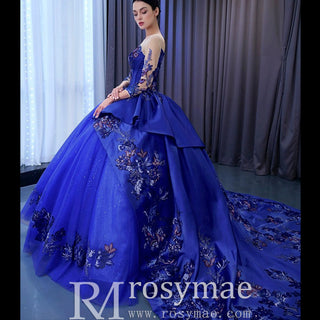 High-end Blue Ball Gown Ruffle Skirt Wedding Dress with Long Sleeve