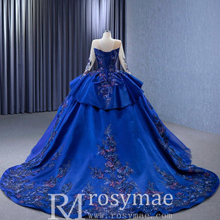 High-end Blue Ball Gown Ruffle Skirt Wedding Dress with Long Sleeve