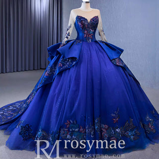 High-end Blue Ball Gown Ruffle Skirt Wedding Dress with Long Sleeve