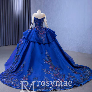 High-end Blue Ball Gown Ruffle Skirt Wedding Dress with Long Sleeve