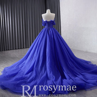 Royal Blue Sparkly Tulle Wedding Gown Off the Shoulder Formal Dress