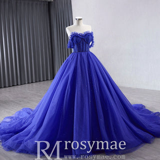 Royal Blue Sparkly Tulle Wedding Gown Off the Shoulder Formal Dress