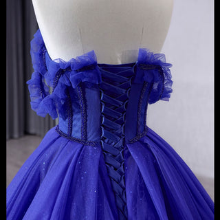 Royal Blue Sparkly Tulle Wedding Gown Off the Shoulder Formal Dress