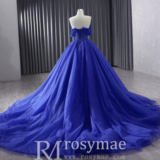 Royal Blue Sparkly Tulle Wedding Gown Off the Shoulder Formal Dress