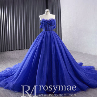 Royal Blue Sparkly Tulle Wedding Gown Off the Shoulder Formal Dress