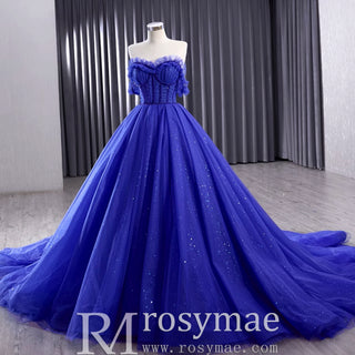 Royal Blue Sparkly Tulle Wedding Gown Off the Shoulder Formal Dress