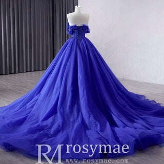 Royal Blue Sparkly Tulle Wedding Gown Off the Shoulder Formal Dress