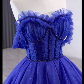 Royal Blue Sparkly Tulle Wedding Gown Off the Shoulder Formal Dress