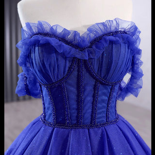 Royal Blue Sparkly Tulle Wedding Gown Off the Shoulder Formal Dress