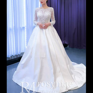 Long Sleeve Beaded Satin Wedding Dress with Front Slit