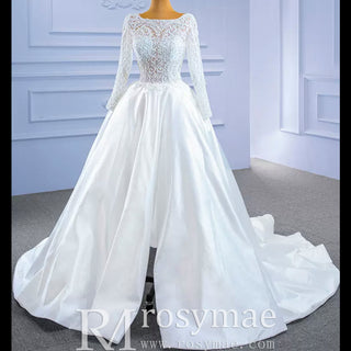 Long Sleeve Beaded Satin Wedding Dress with Front Slit