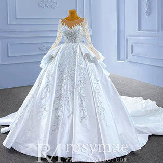 Vintage Layered Royal Satin Wedding Dress with Long Sleeves