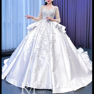 Vintage Layered Royal Satin Wedding Dress with Long Sleeves