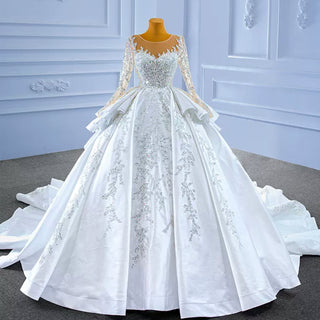 Vintage Layered Royal Satin Wedding Dress with Long Sleeves