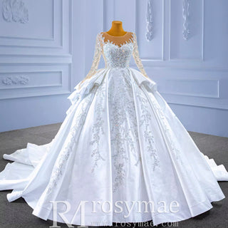 Vintage Layered Royal Satin Wedding Dress with Long Sleeves