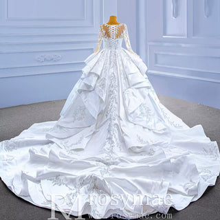 Vintage Layered Royal Satin Wedding Dress with Long Sleeves