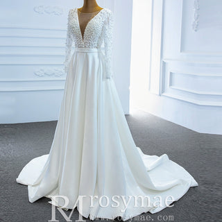 Low Back Long Sleeve Satin Sheer V-neck Wedding Dress with Leg Slit