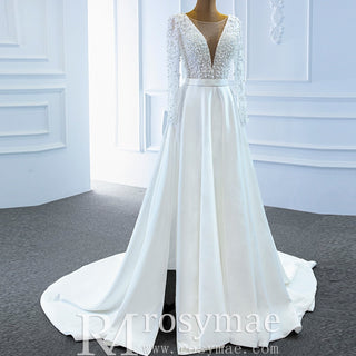 Low Back Long Sleeve Satin Sheer V-neck Wedding Dress with Leg Slit