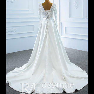 Low Back Long Sleeve Satin Sheer V-neck Wedding Dress with Leg Slit