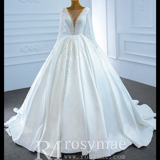 Long Sleeve Beaded Pearl Satin Wedding Dress Vintage Ball Gown