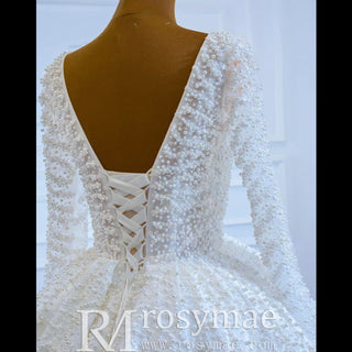 Long Sleeve Beaded Pearl Satin Wedding Dress Vintage Ball Gown