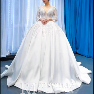 Long Sleeve Beaded Pearl Satin Wedding Dress Vintage Ball Gown