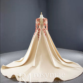 Long Sleeve Beaded Satin Wedding Gown Prom Dress with Long Train