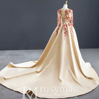 Long Sleeve Beaded Satin Wedding Gown Prom Dress with Long Train.