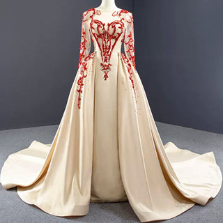 Long Sleeve Beaded Satin Wedding Gown Prom Dress with Long Train