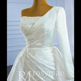 One Shoulder Long Sleeve Satin Wedding Dress with Overskirt