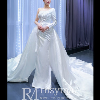 One Shoulder Long Sleeve Satin Wedding Dress with Overskirt