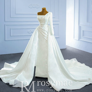 One Shoulder Long Sleeve Satin Wedding Dress with Overskirt