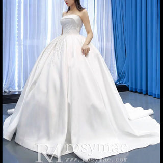 Straight Neck Ball Gown Wedding Dress with Pearls Satin Bridal Gown