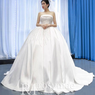 Straight Neck Ball Gown Wedding Dress with Pearls Satin Bridal Gown