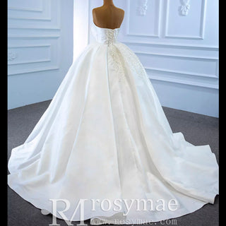 Straight Neck Ball Gown Wedding Dress with Pearls Satin Bridal Gown