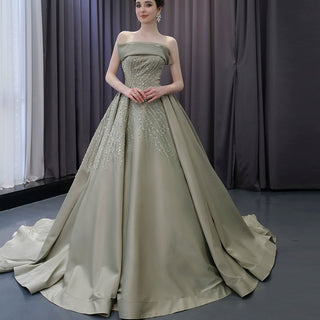 A-line Satin Wedding Dress Strapless Asymmetrical Formal Gown