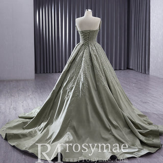 A-line Satin Wedding Dress Strapless Asymmetrical Formal Gown